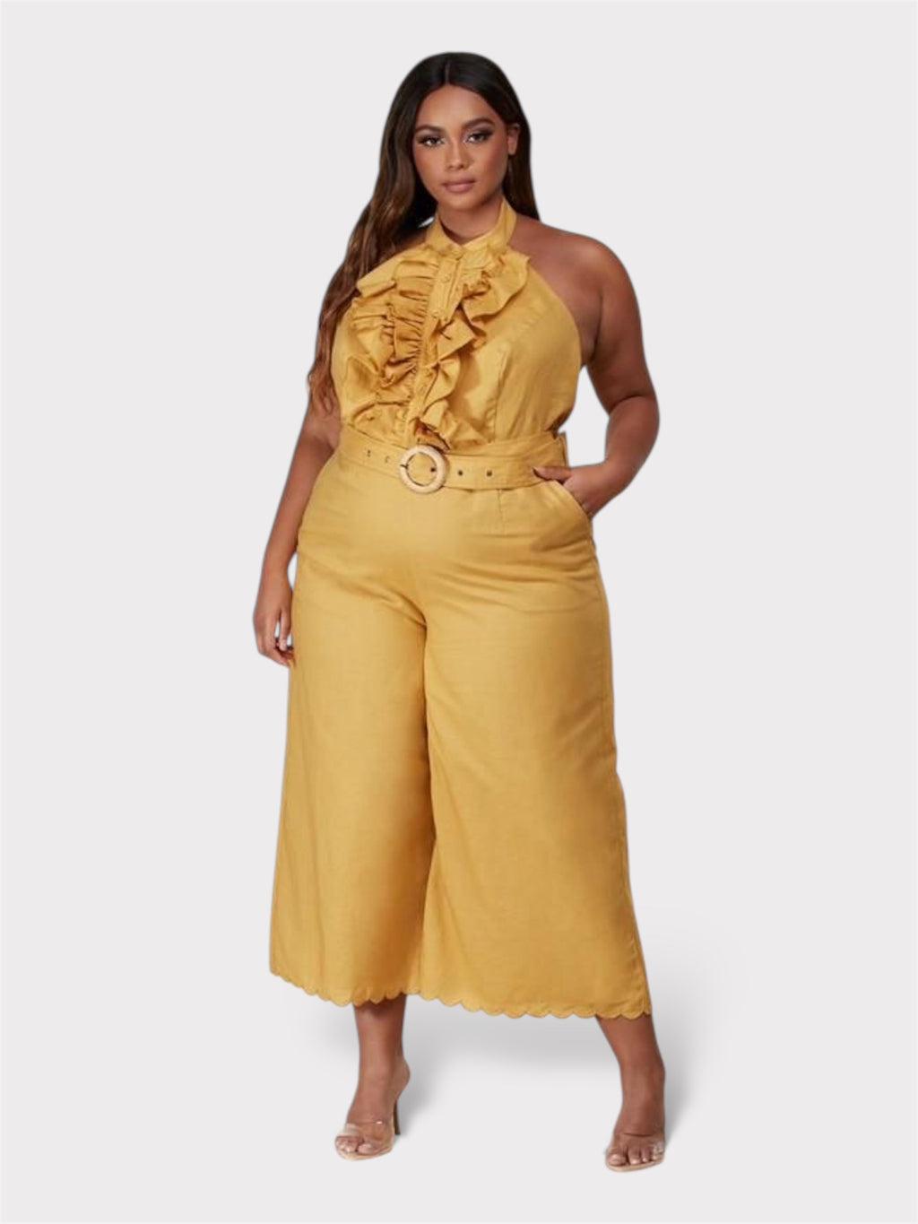 Ruffle Mustard Open Back Jumpsuit