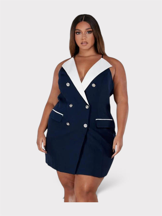 Navy Collar Button Short Dress