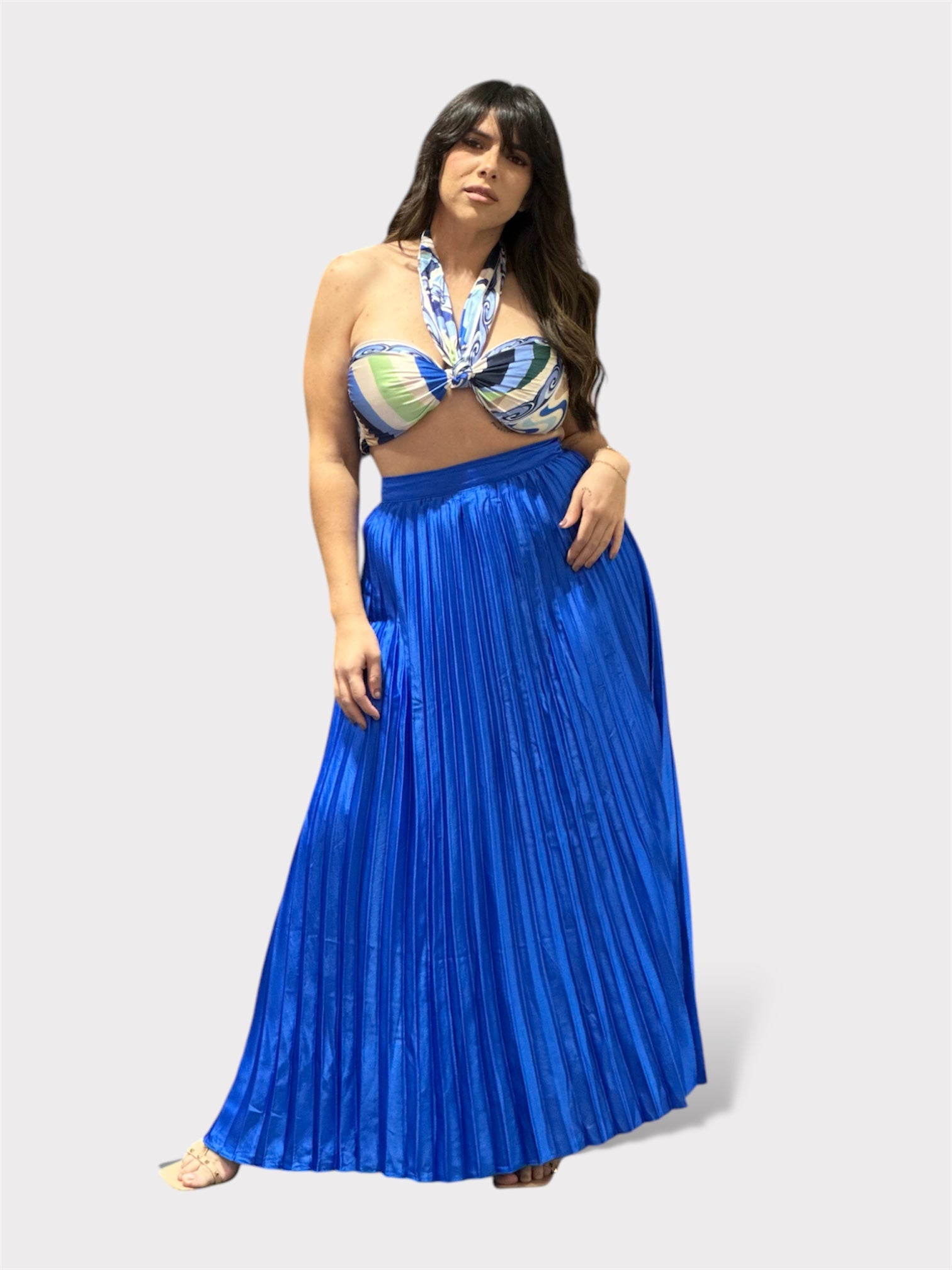 Zipper Pleated Maxi Skirt Royal Blue