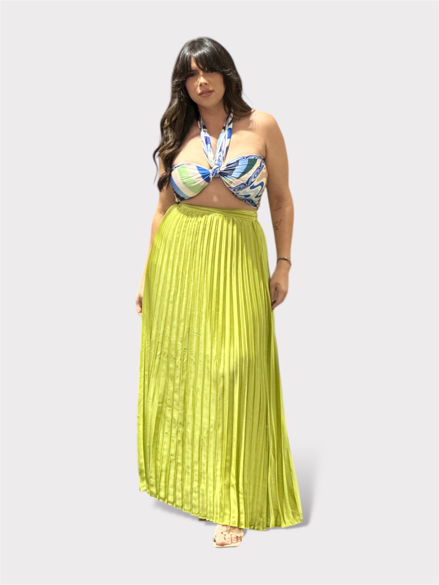 Zipper Pleated Maxi Skirt Lime