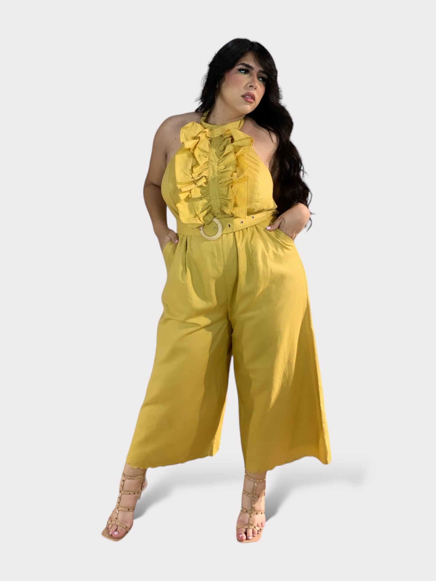 Ruffle Mustard Open Back Jumpsuit